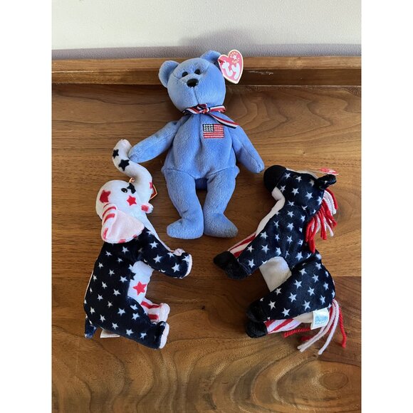 Ty Beanie Babies Lot Of 3: 2000 America Bear Stars & Stripes Elephant Donkey USA - Picture 1 of 7